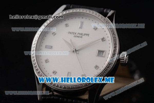 Patek Philippe Calatrava Miyota 9015 Automatic Steel Case with White Dial Black Leather Strap and Diamonds Markers Diamonds Bezel - Click Image to Close